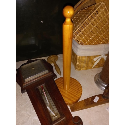 458 - A quantity of wood & wicker items, Companion set, a barometer A/F barometer & baskets etc.