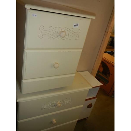 603 - A three drawer bedroom chest with matching bedside and another bedside. COLLECT ONLY.