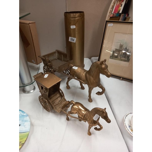 554 - A brass horse and cart, carriage and horse and piece of trench art