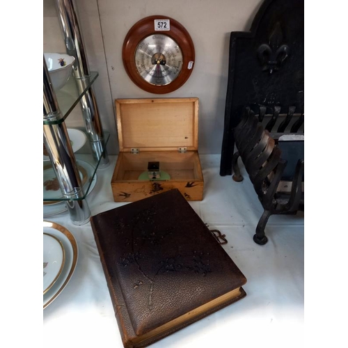 572 - An early 20c late 19c photo album with photos, old pine box, ink stand and barometer