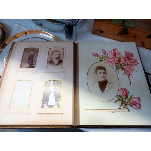 572 - An early 20c late 19c photo album with photos, old pine box, ink stand and barometer