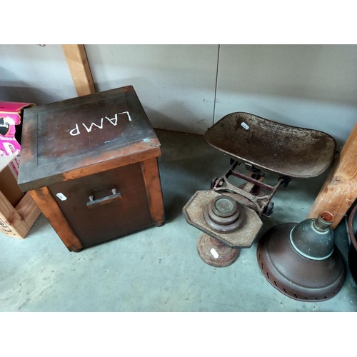 576 - A good lot of enamel bowls, jug, scales etc