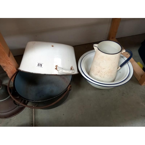 576 - A good lot of enamel bowls, jug, scales etc