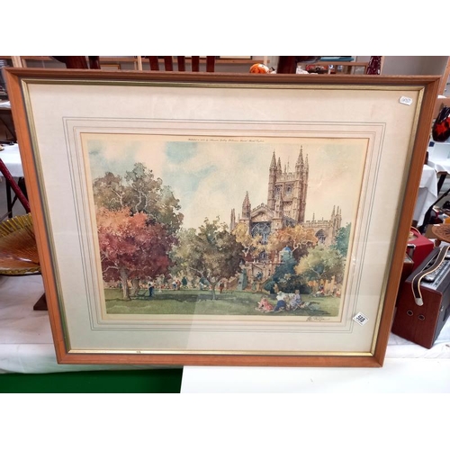 588 - A framed and glazed signed print of a watercolour Cathedral scene. 80cm x 66cm. Collect Only.