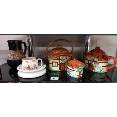 591 - A Burlington ware teapot, biscuit barrel, lidded pot plus 2 Bunnykins Peter Rabbit items and a vinta... 