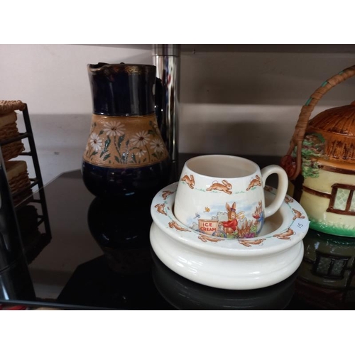 591 - A Burlington ware teapot, biscuit barrel, lidded pot plus 2 Bunnykins Peter Rabbit items and a vinta... 