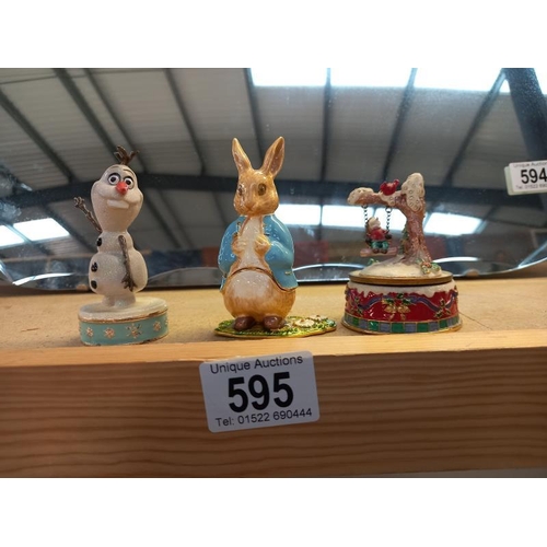 595 - Olaf from Frozen trinket pot, Peter Rabbit pot (includes necklace inside) and a musical Christmas it... 