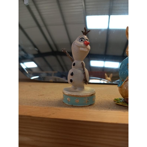 595 - Olaf from Frozen trinket pot, Peter Rabbit pot (includes necklace inside) and a musical Christmas it... 