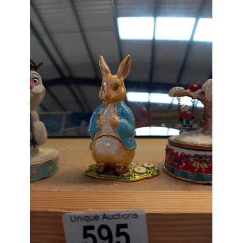 595 - Olaf from Frozen trinket pot, Peter Rabbit pot (includes necklace inside) and a musical Christmas it... 