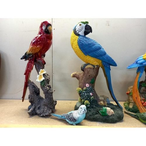 600 - 3 fabulous parrot figures plus small one which is a/f and 2 budgies