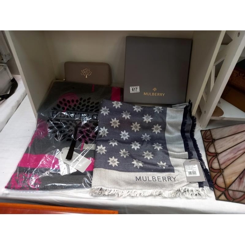 617 - A new boxed Mulberry monogram scarf, a new with tags Heritage scarf and a new purse all decorated wi... 