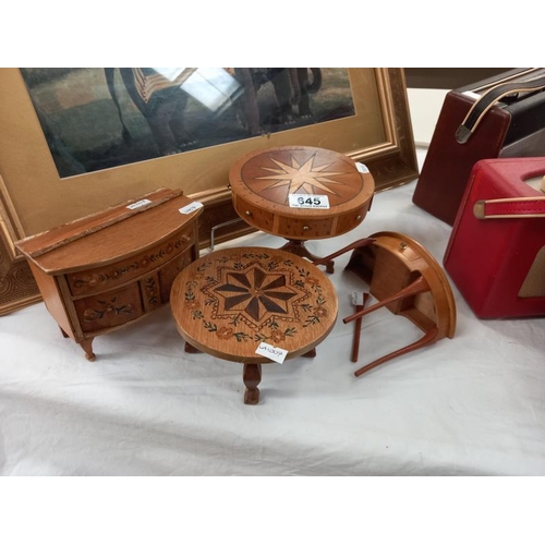 645 - An inlaid dolls house drum table and 3 other pieces, 2 a/f