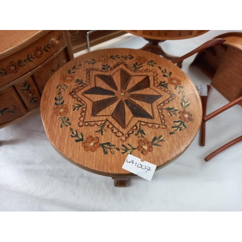 645 - An inlaid dolls house drum table and 3 other pieces, 2 a/f