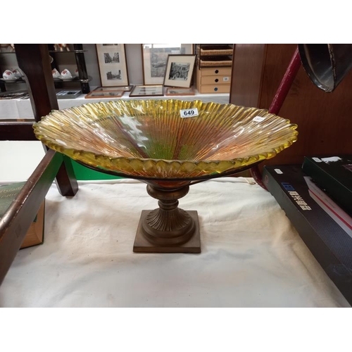 649 - A large art glass bowl in brass and iron stand, diameter 39cm x height 23cm