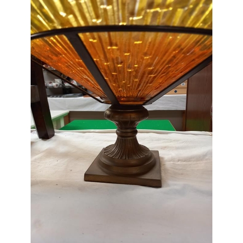 649 - A large art glass bowl in brass and iron stand, diameter 39cm x height 23cm