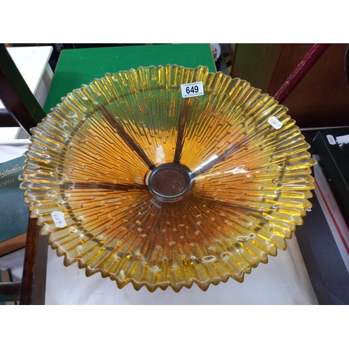 649 - A large art glass bowl in brass and iron stand, diameter 39cm x height 23cm