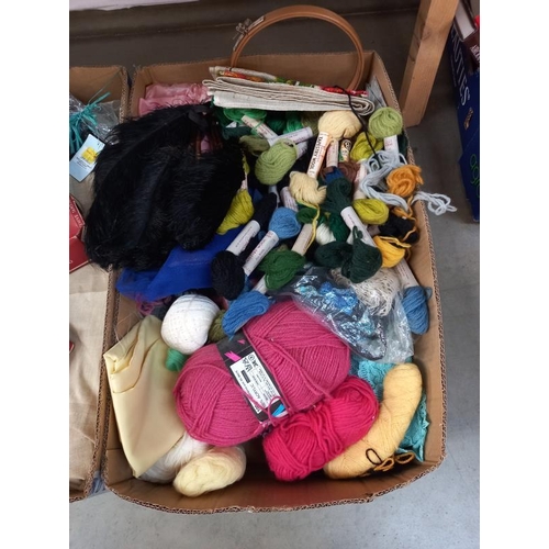 651 - 2 boxes of tapestry wool etc, includes 3 boxes of Patons Beehive tapestry wool with contents