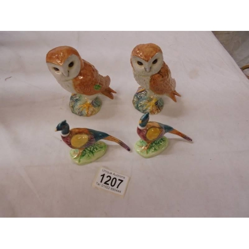 1207 - Two Beswick owls and two pheasants, (one owl has small chip on wing).