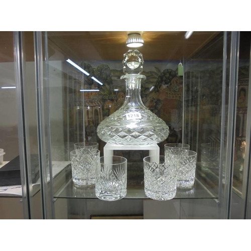 1218 - A good quality cut glass ship's decanter with a set of six cut glass whisky goblets. COLLECT ONLY.