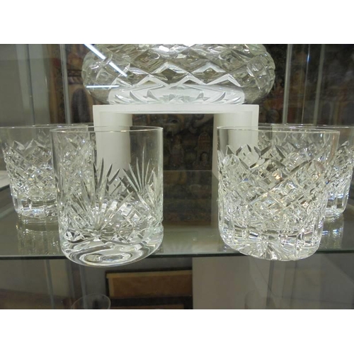 1218 - A good quality cut glass ship's decanter with a set of six cut glass whisky goblets. COLLECT ONLY.