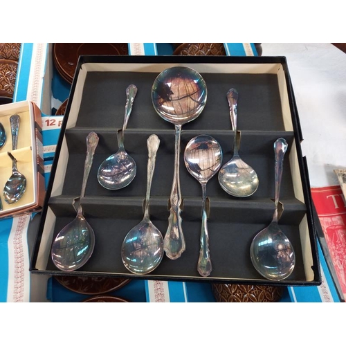 689 - 2 Saracen vintage boxed 12 piece soup sets (1 missing 1 bowl) & 2 lots of boxed spoons