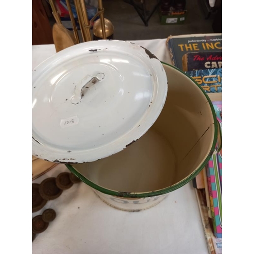 693 - A vintage enamel flour bin & Harper kitchen scales