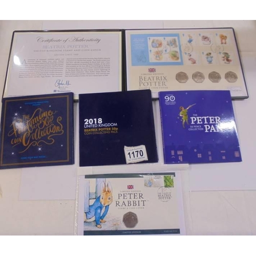 1170 - A Peter Pan, Beatrix Potter and The Pantomime 50 pence coin collections.