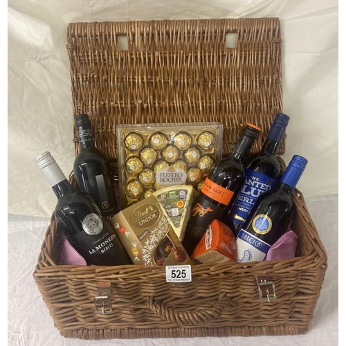 525 - A red wine, chocolate and cheese hamper including 5 bottles of red wine. (Donated by A Kind Lady)