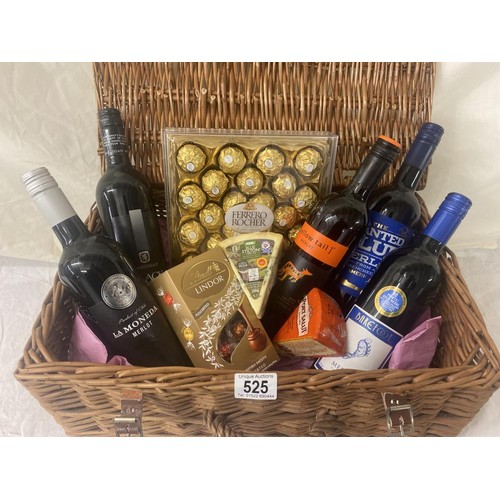 525 - A red wine, chocolate and cheese hamper including 5 bottles of red wine. (Donated by A Kind Lady)