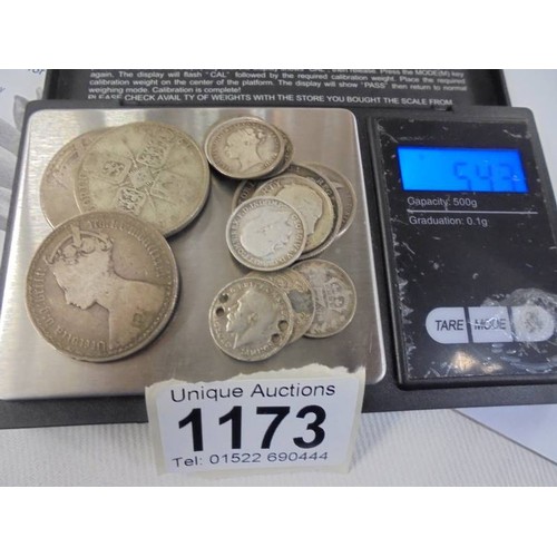 1173 - Approximately 54 grams of UK silver coins including Victorian.