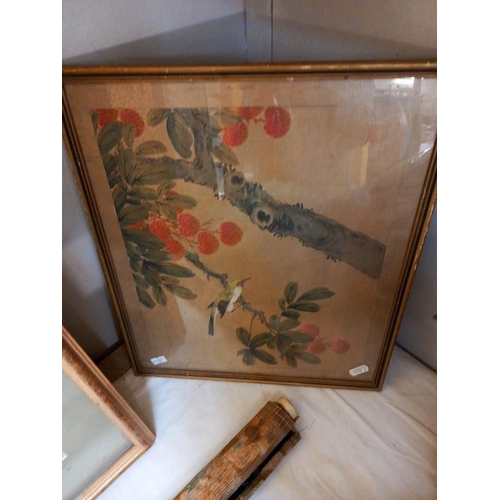 700 - 2 framed and 1 unframed oriental silk pictures