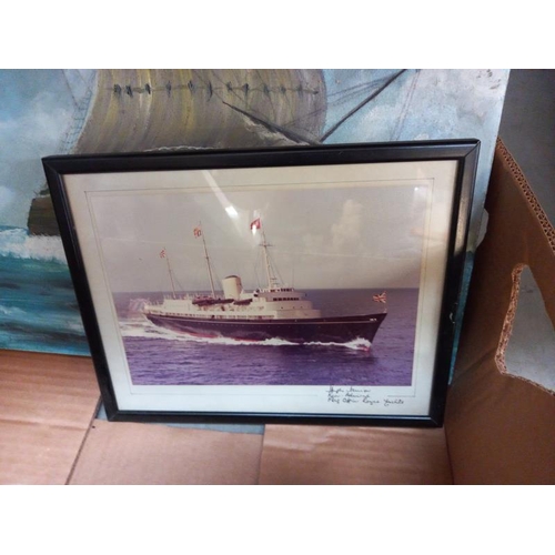 711 - A vintage framed photo of Royal Yacht Brittania signed by the Royal Admiral plus other pictures and ... 