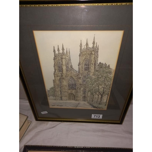 713 - 5 framed pictures of cathedrals including York, Lincoln etc