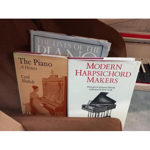 714 - A wooden harpsichord, case and three books. Collect Only. Harpsichord in the case needs attention, s... 