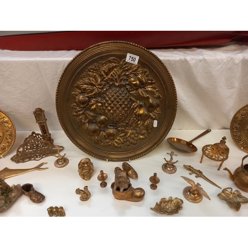 750 - A good selection of brass items including Lincoln plaque etc