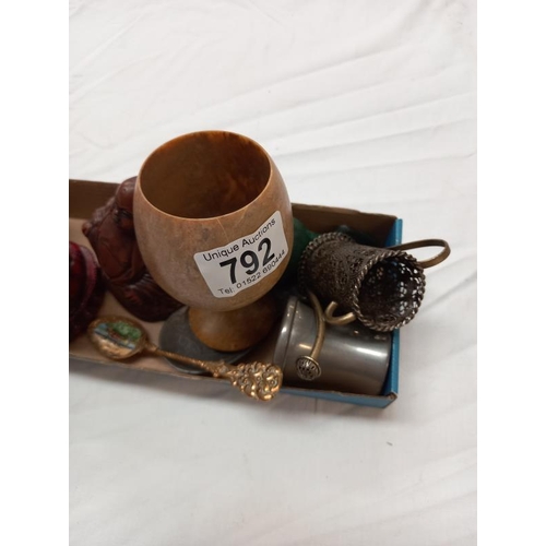 792 - A box of miscellanea including stone goblet, bronze Romanesque oil lamp, gilded enamel inlaid spoon ... 