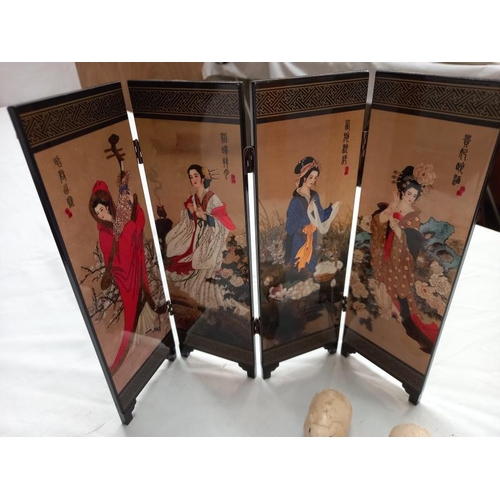 794 - A small Chinese lacquered 4 fold screen height 24cm, hand painted box and 2 carved elephants