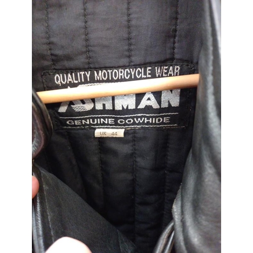 819 - An Ashman cowhide motorcycle jacket size UK44 and trousers size 36