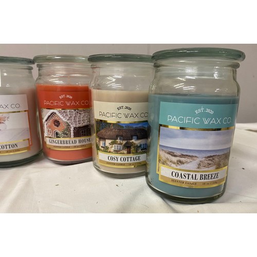 533 - 7 new Pacific Wax Company Candle Glass Jars all different scents including Sugar Plum Pudding and Gi... 