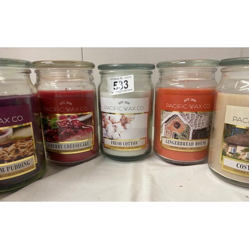 533 - 7 new Pacific Wax Company Candle Glass Jars all different scents including Sugar Plum Pudding and Gi... 