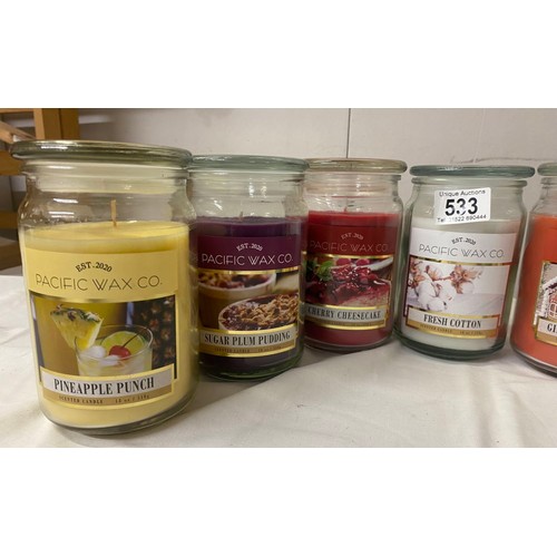 533 - 7 new Pacific Wax Company Candle Glass Jars all different scents including Sugar Plum Pudding and Gi... 