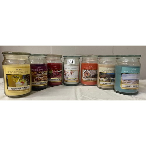 533 - 7 new Pacific Wax Company Candle Glass Jars all different scents including Sugar Plum Pudding and Gi... 