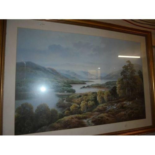 584 - A large framed and glazed lake scene. COLLECT ONLY.