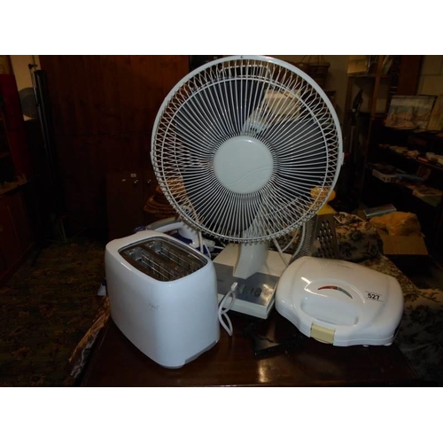 527 - Two fans, toaster, kettle, sandwich toaster etc., COLLECT ONLY.