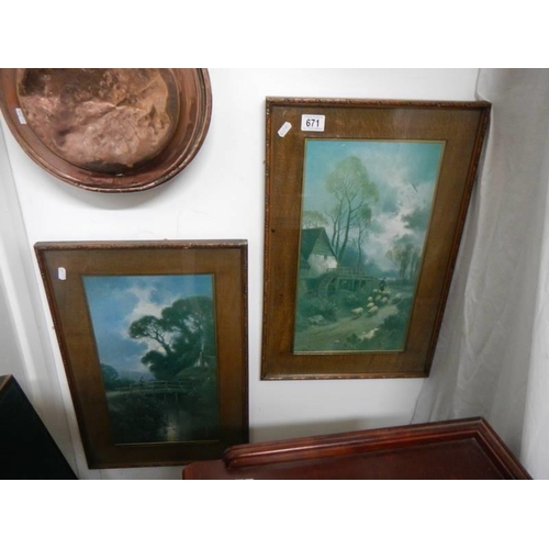 671 - A pair of oak framed prints. COLLECT ONLY.