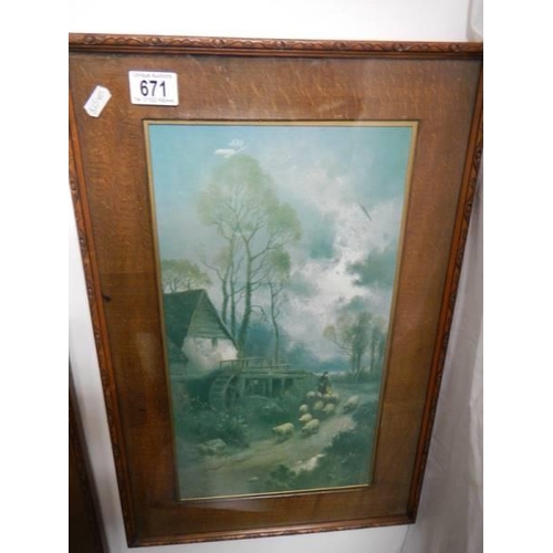 671 - A pair of oak framed prints. COLLECT ONLY.