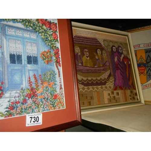 730 - Six framed and glazed cross stitch pictures and a book. COLLECT ONLY.