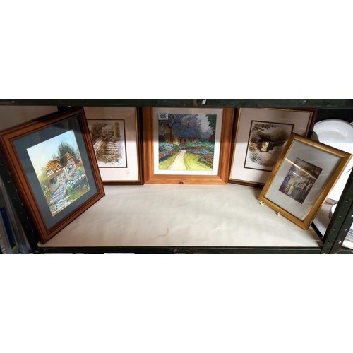 686 - Five framed and glazed pictures. COLLECT ONLY.