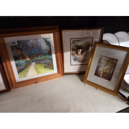 686 - Five framed and glazed pictures. COLLECT ONLY.