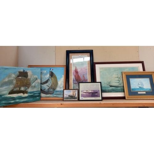 606 - A selection of pictures of sailing ships including oil on canvas, prints  etc including signed pictu... 